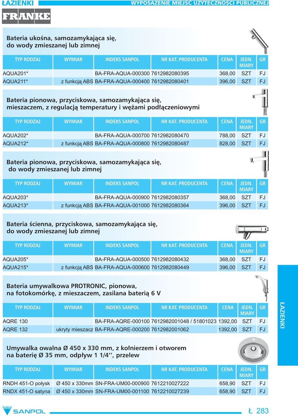 788,00 SZT FJ AQUA212* z funkcj ABS BA-FRA-AQUA-000800 7612982080487 828,00 SZT FJ Bateria pionowa, przyciskowa, samozamykająca się, do wody zmieszanej lub zimnej AQUA203* BA-FRA-AQUA-000900