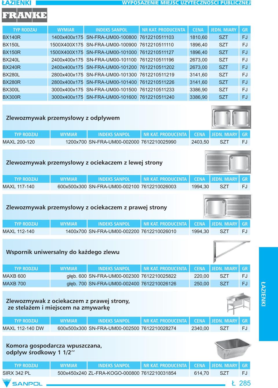 2800x400x175 SN-FRA-UM00-101300 7612210511219 3141,60 SZT FJ BX280R 2800x400x175 SN-FRA-UM00-101400 7612210511226 3141,60 SZT FJ BX300L 3000x400x175 SN-FRA-UM00-101500 7612210511233 3386,90 SZT FJ