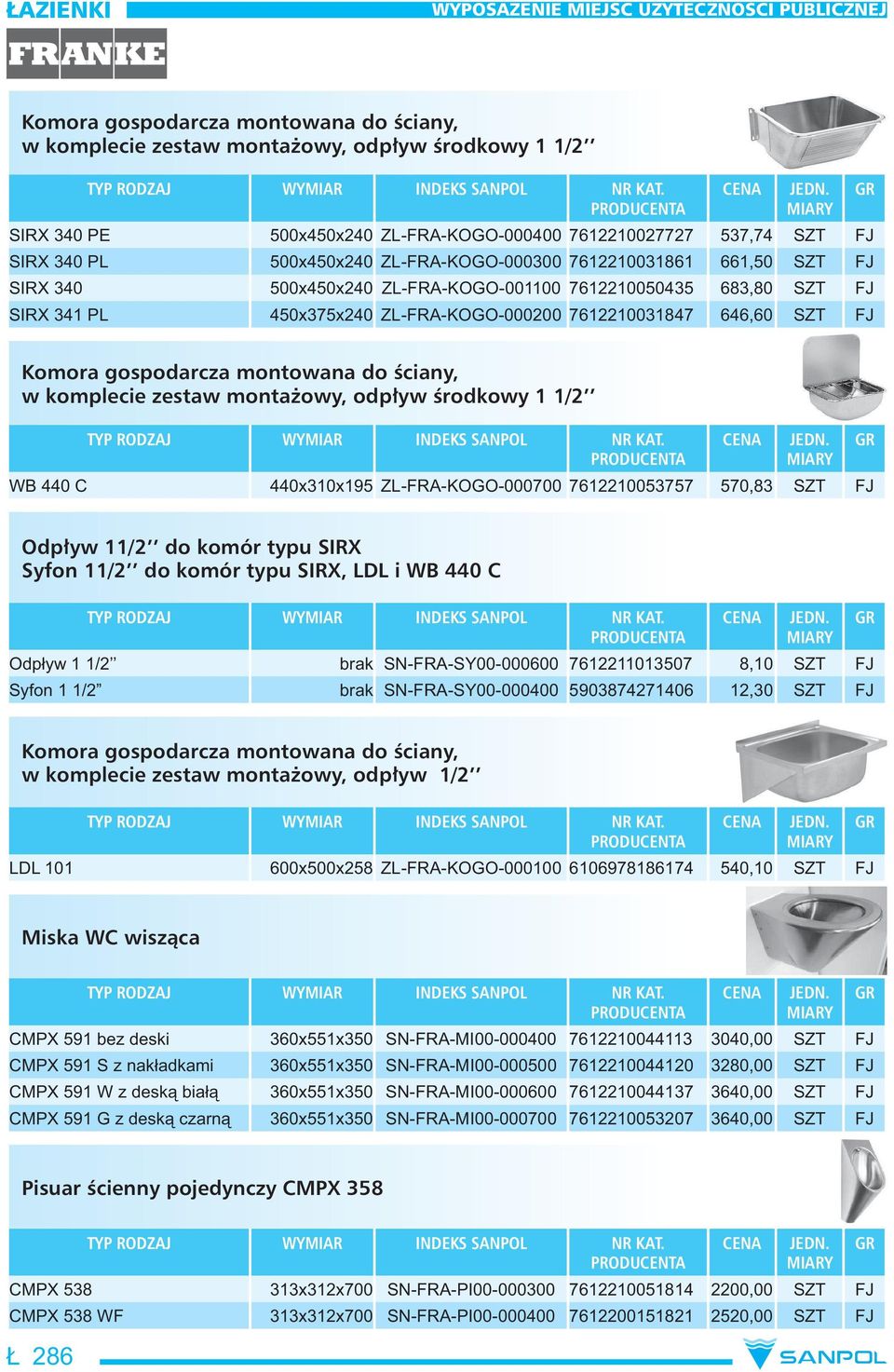 683,80 SZT FJ SIRX 341 PL 450x375x240 ZL-FRA-KOGO-000200 7612210031847 646,60 SZT FJ Komora gospodarcza montowana do ściany, w komplecie zestaw montażowy, odpływ środkowy 1 1/2 TYP RODZAJ WYMIAR