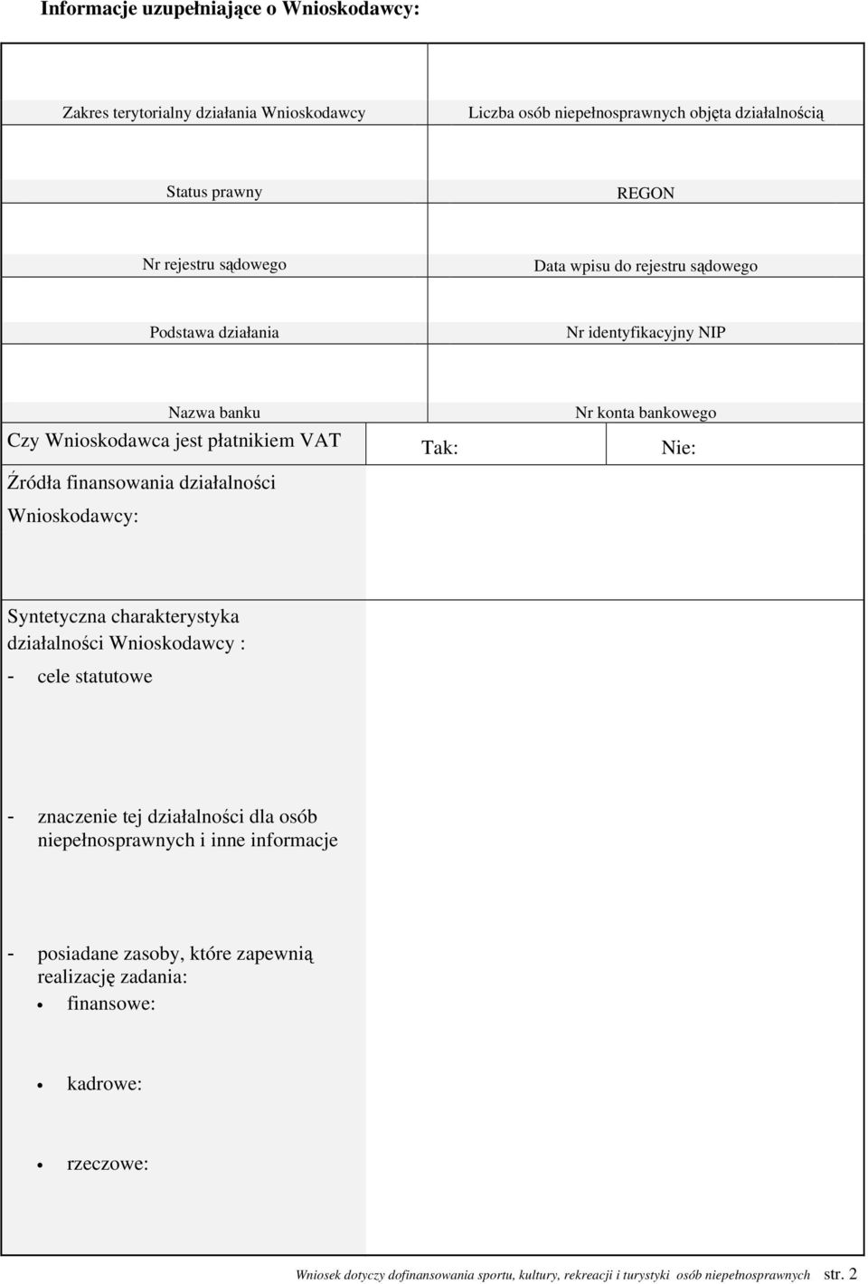 finansowania działalności Wnioskodawcy: Syntetyczna charakterystyka działalności Wnioskodawcy : - cele statutowe - znaczenie tej działalności dla osób niepełnosprawnych i inne