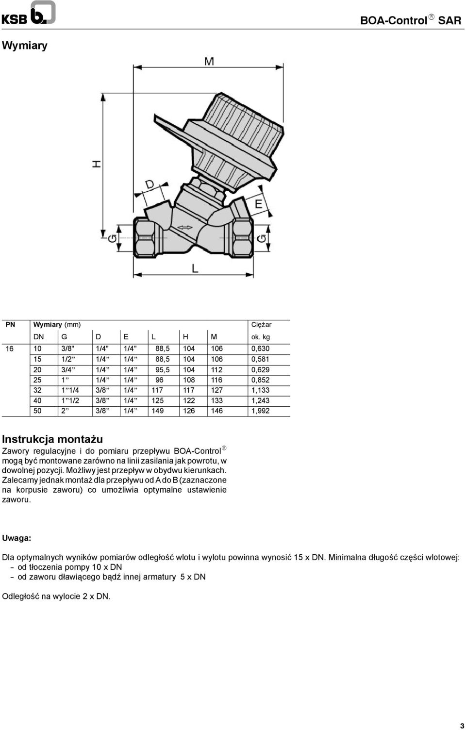 122 133 1,243 50 2 3/8 1/4 149 126 146 1,992 Instrukcja montażu Zawory regulacyjne i do pomiaru przepływu BOA-Control R mogą być montowane zarówno na linii zasilania jak powrotu, w dowolnej pozycji.