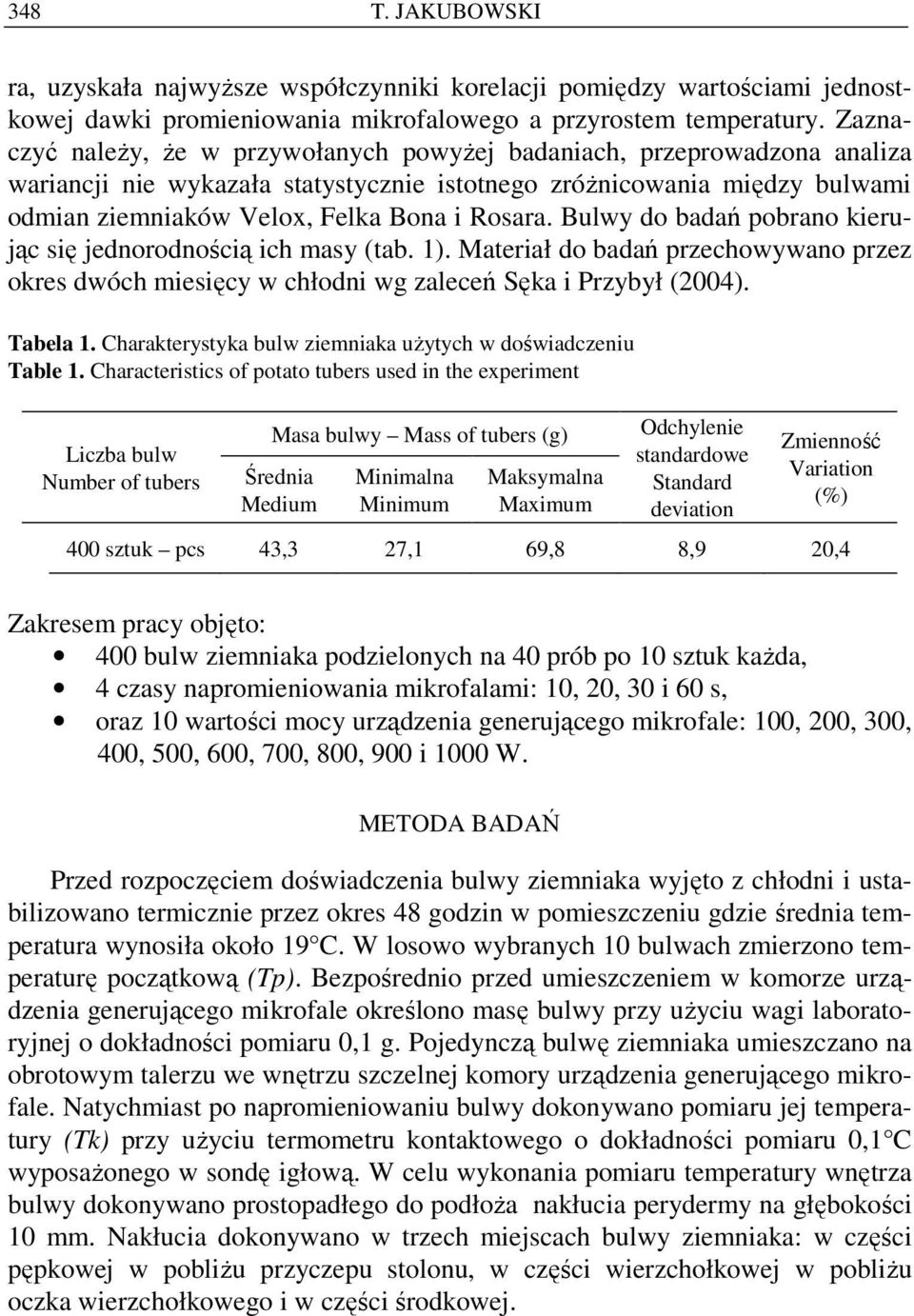 Bulwy do badań pobrano kierując się jednorodnością ich masy (tab. 1). Materiał do badań przechowywano przez okres dwóch miesięcy w chłodni wg zaleceń Sęka i Przybył (2004). Tabela 1.