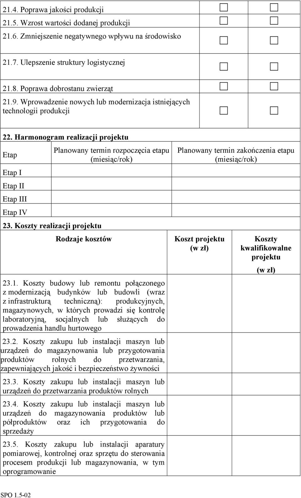 Koszty realizacji projektu Planowany termin rozpoczęcia etapu (miesiąc/rok) Rodzaje kosztów 23.1.