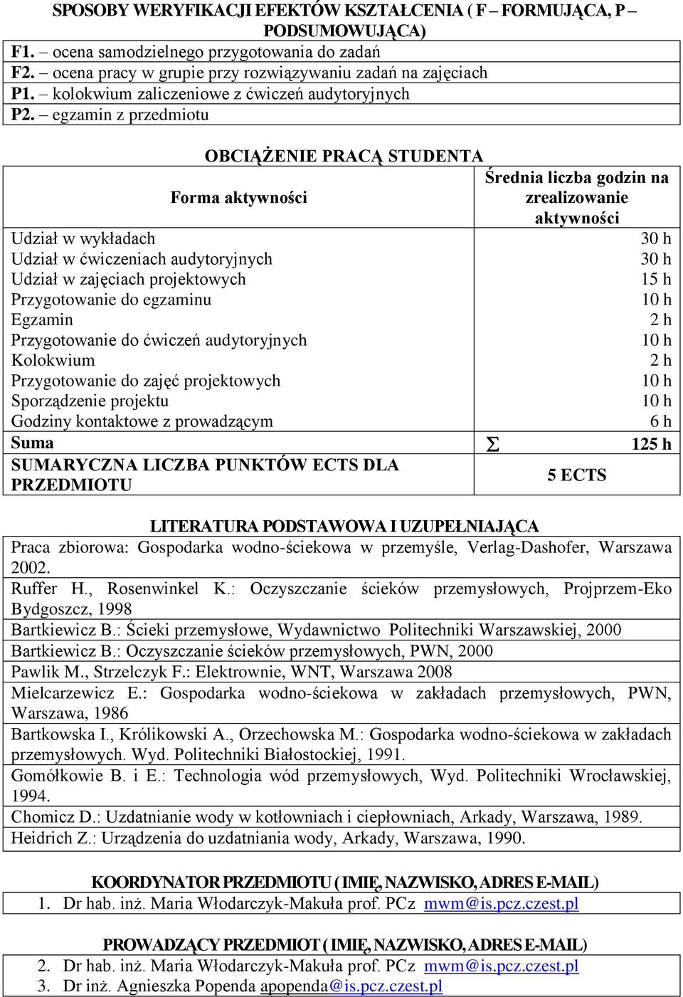 egzamin z przedmiotu OBCIĄŻENIE PRACĄ STUDENTA Forma aktyności Udział ykładach Udział ćiczeniach audytoryjnych Udział zajęciach projektoych Przygotoanie do egzaminu Egzamin Przygotoanie do ćiczeń