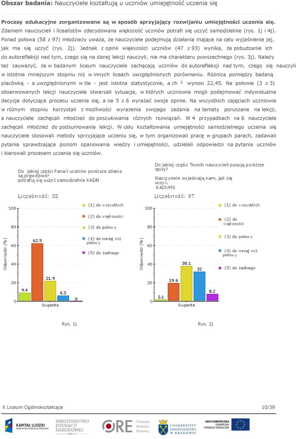 Ponad połowa (58 z 97) młodzieży uważa, że nauczyciele podejmują działania mające na celu wyjaśnienie jej, jak ma się uczyć (rys. 2j).