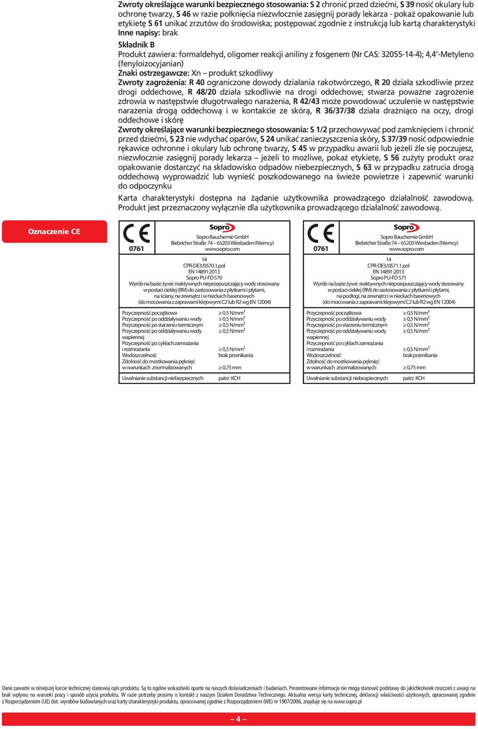 fosgenem (Nr CAS: 32055-14-4); 4,4 -Metyleno (fenyloizocyjanian) Znaki ostrzegawcze: Xn produkt szkodliwy Zwroty zagrożenia: R 40 ograniczone dowody działania rakotwórczego, R 20 działa szkodliwie