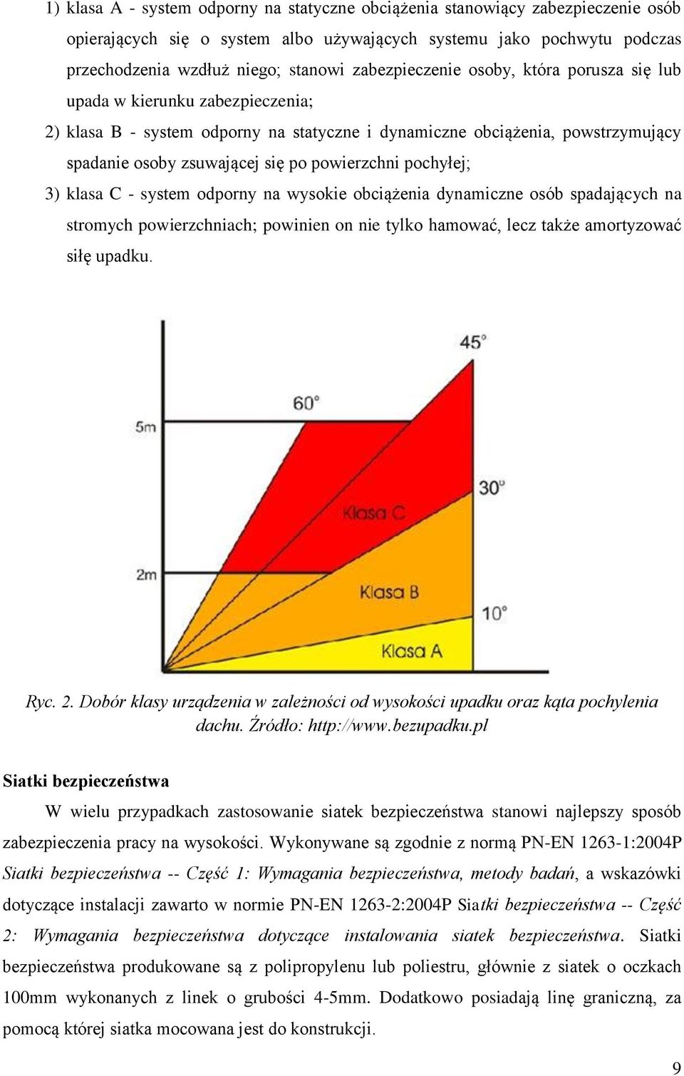 powierzchni pochyłej; 3) klasa C - system odporny na wysokie obciążenia dynamiczne osób spadających na stromych powierzchniach; powinien on nie tylko hamować, lecz także amortyzować siłę upadku. Ryc.