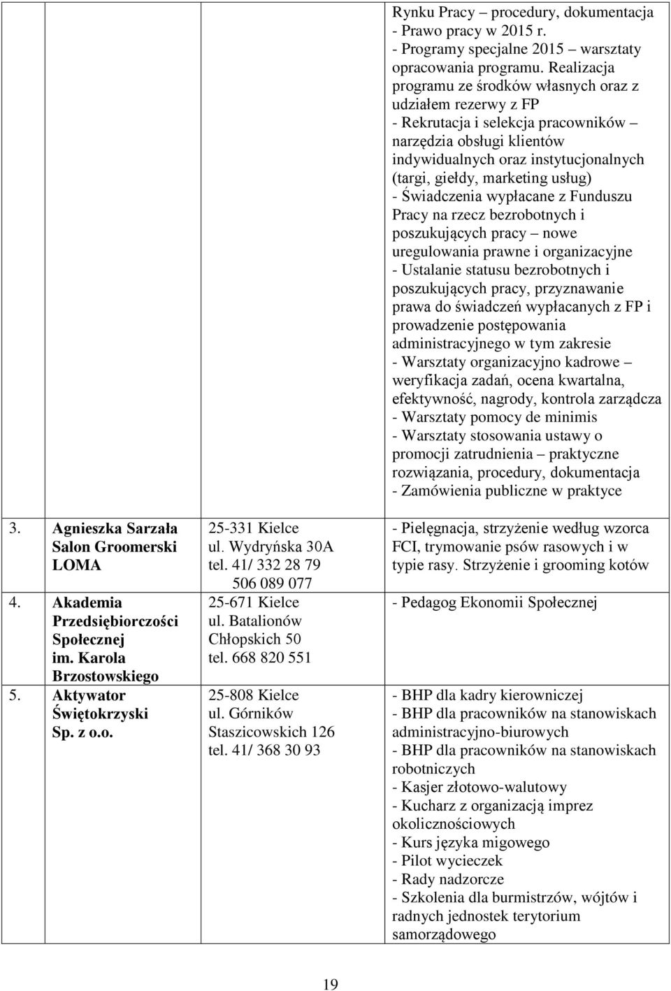 41/ 368 30 93 Rynku Pracy procedury, dokumentacja - Prawo pracy w 2015 r. - Programy specjalne 2015 warsztaty opracowania programu.