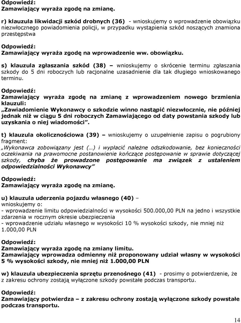 s) klauzula zgłaszania szkód (38) wnioskujemy o skrócenie terminu zgłaszania szkody do 5 dni roboczych lub racjonalne uzasadnienie dla tak długiego wnioskowanego terminu.