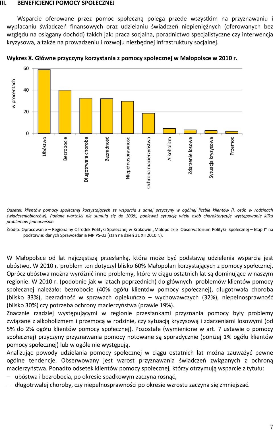 Wykres X. Główne przyczyny korzystania z pomocy społecznej w Małopolsce w 21 r.