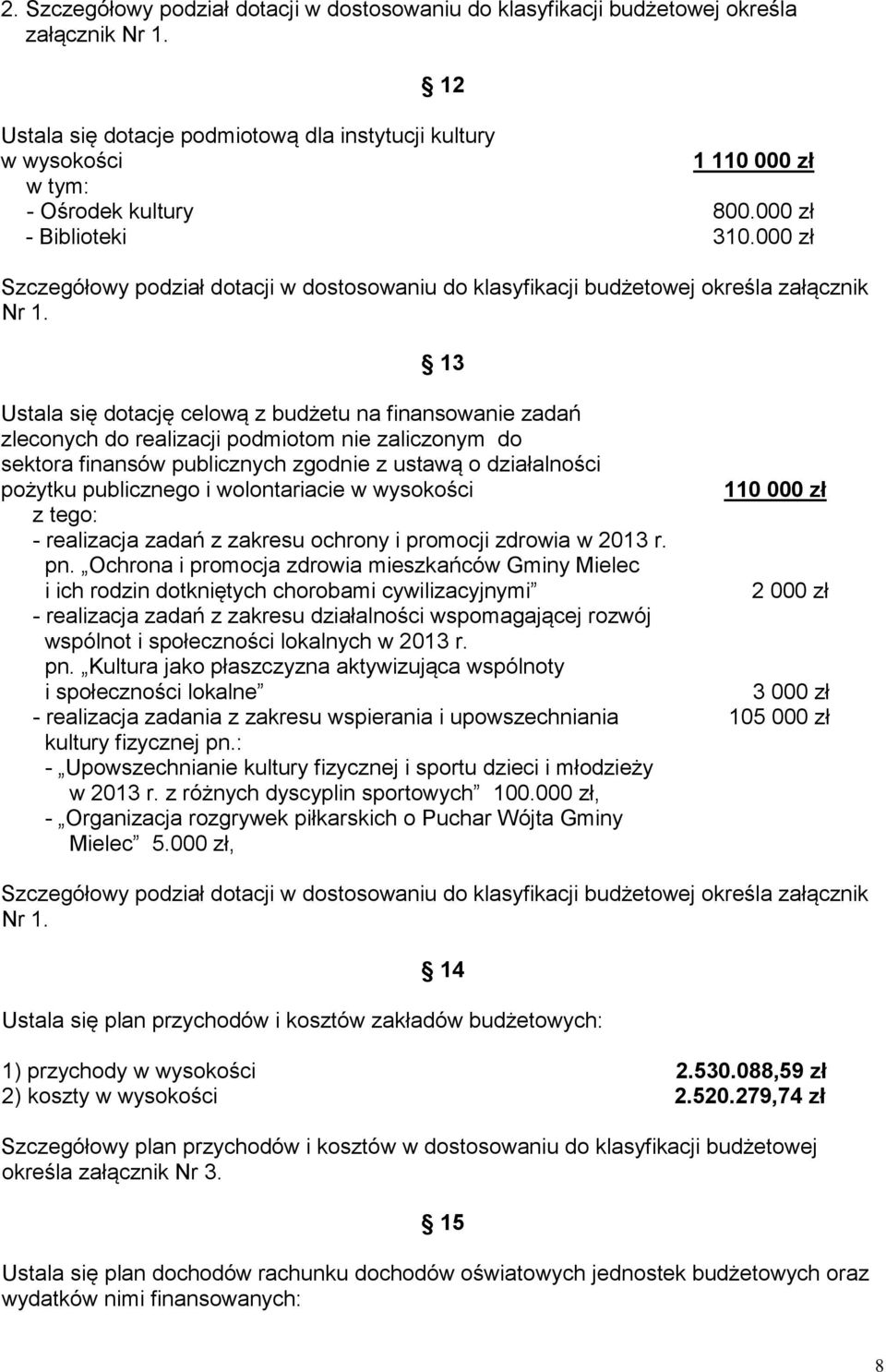 13 Ustala się dotację celową z budżetu na finansowanie zadań zleconych do realizacji podmiotom nie zaliczonym do sektora finansów publicznych zgodnie z ustawą o działalności pożytku publicznego i