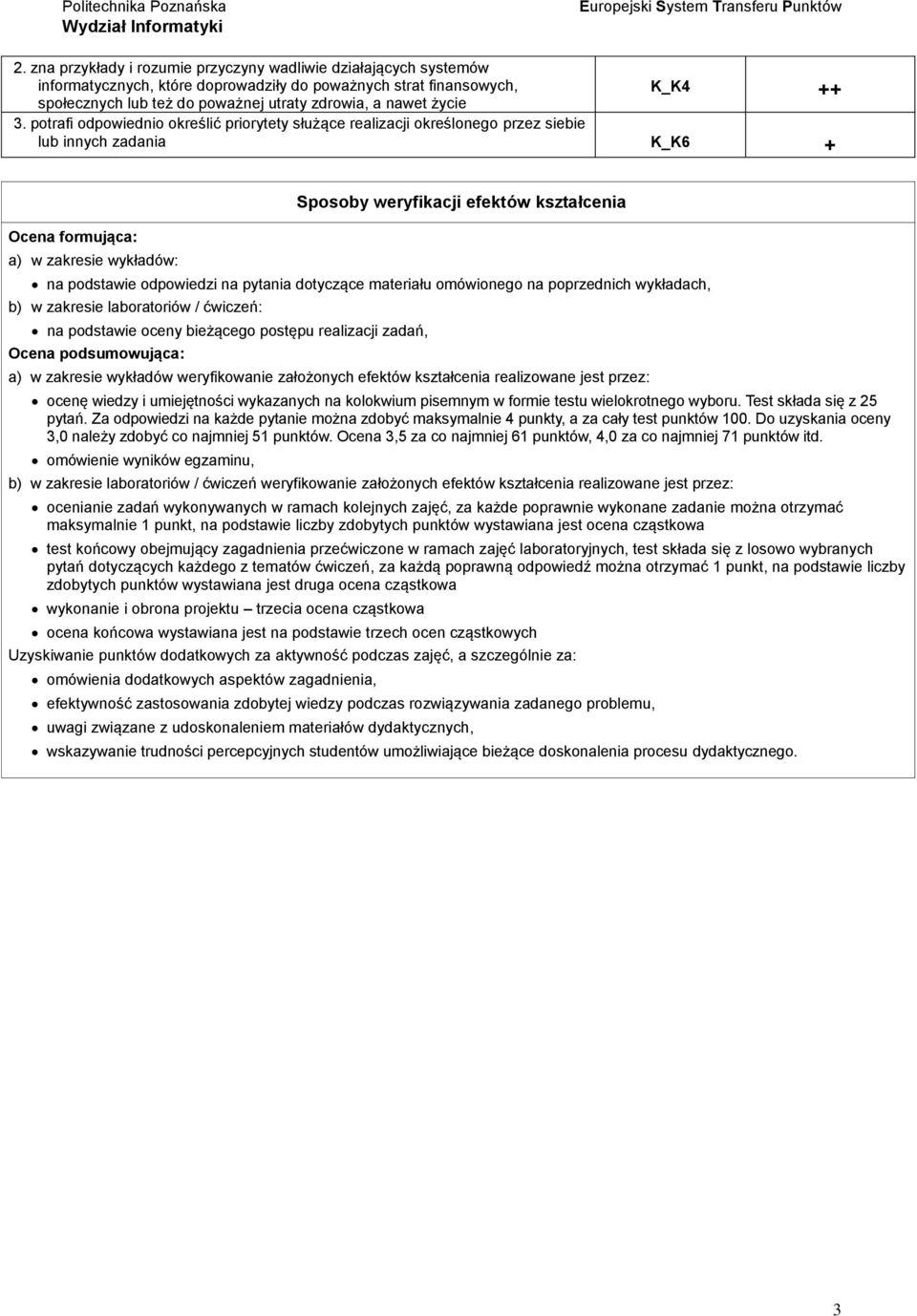 potrafi odpowiednio określić priorytety służące realizacji określonego przez siebie lub innych zadania K_K6 + Ocena formująca: a) w zakresie wykładów: Sposoby weryfikacji efektów kształcenia na