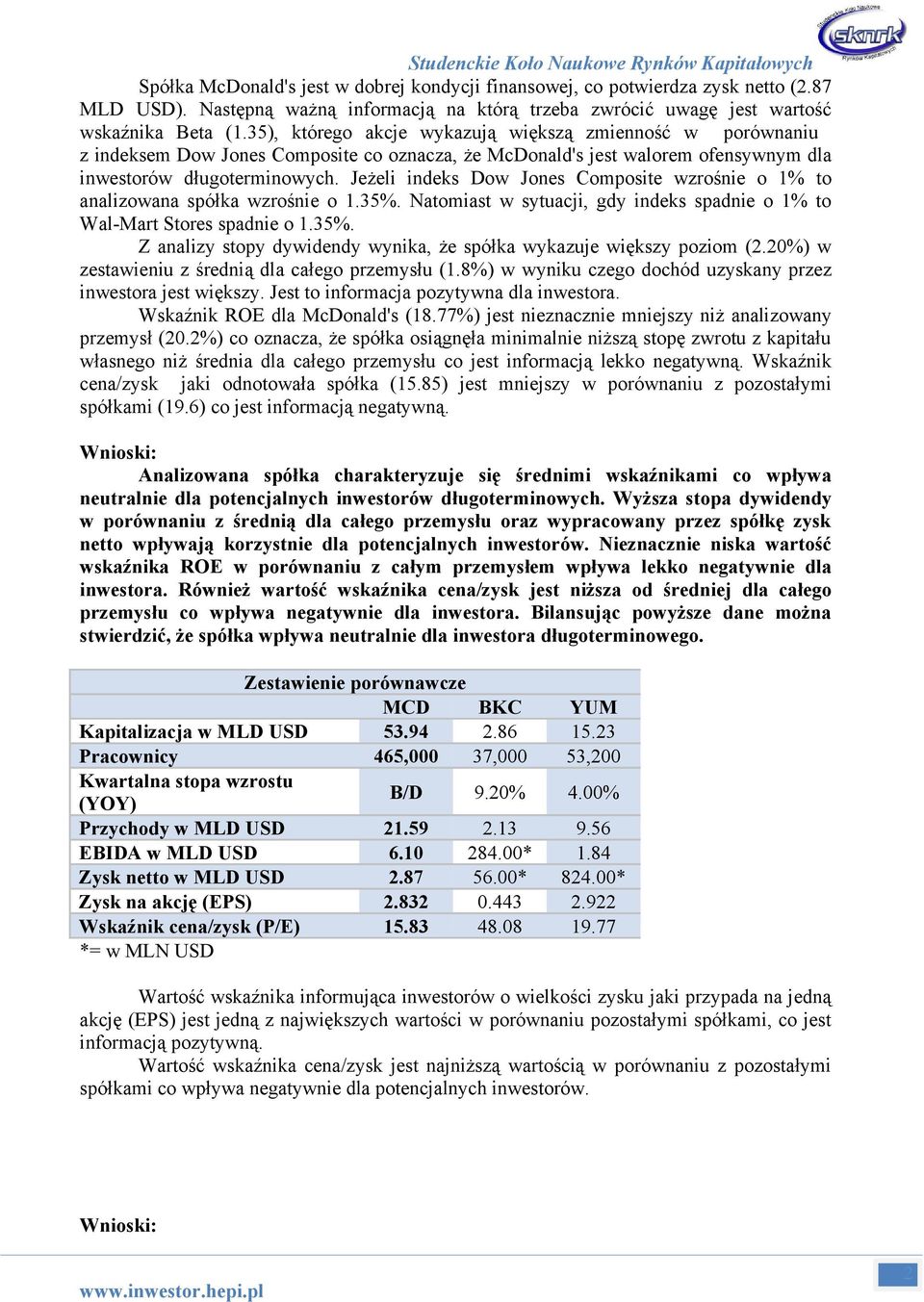 Jeżeli indeks Dow Jones Composite wzrośnie o 1% to analizowana spółka wzrośnie o 1.35%. Natomiast w sytuacji, gdy indeks spadnie o 1% to Wal-Mart Stores spadnie o 1.35%. Z analizy stopy dywidendy wynika, że spółka wykazuje większy poziom (.