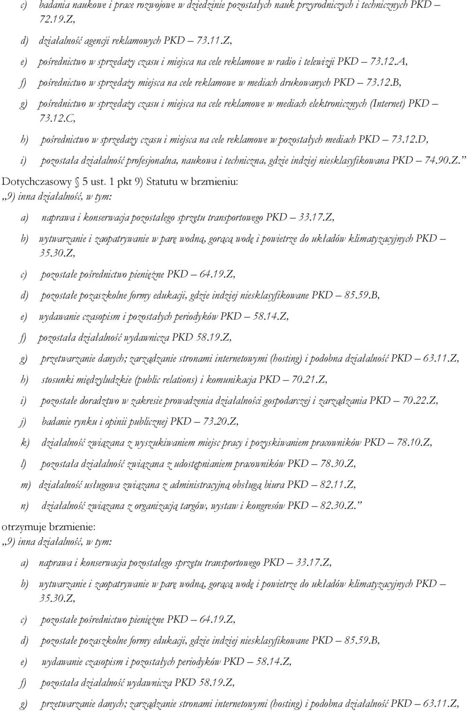 A, f) pośrednictwo w sprzedaży miejsca na cele reklamowe w mediach drukowanych PKD 73.12.B, g) pośrednictwo w sprzedaży czasu i miejsca na cele reklamowe w mediach elektronicznych (Internet) PKD 73.