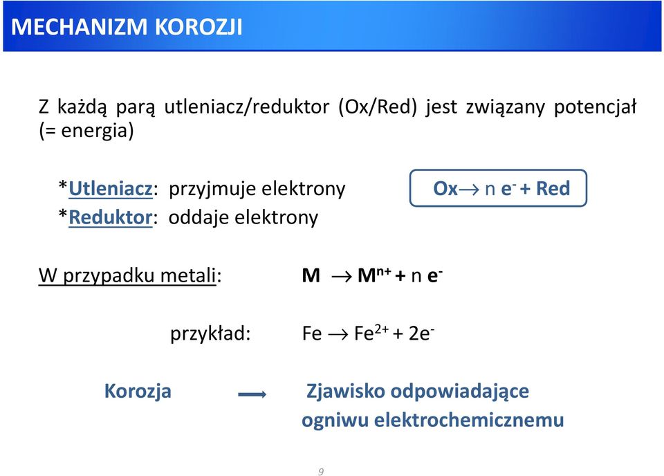 *Reduktor: oddaje elektrony Ox ne - +Red Wprzypadkumetali: M M n+ +ne