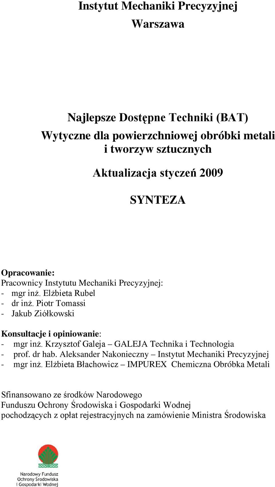 Piotr Tomassi - Jakub Ziółkowski Konsultacje i opiniowanie: - mgr inż. Krzysztof Galeja GALEJA Technika i Technologia - prof. dr hab.