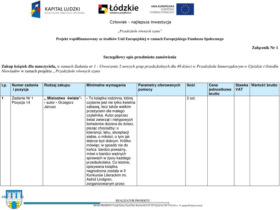 Numer zadania i pozycja 1 Zadanie Nr 1 Rodzaj zakupu Minimalne wymagania Parametry oferowanych pomocy,, Misiostwo świata - - autor - Grzegorz Janusz - To książka rodzinna, której czytanie jest nie