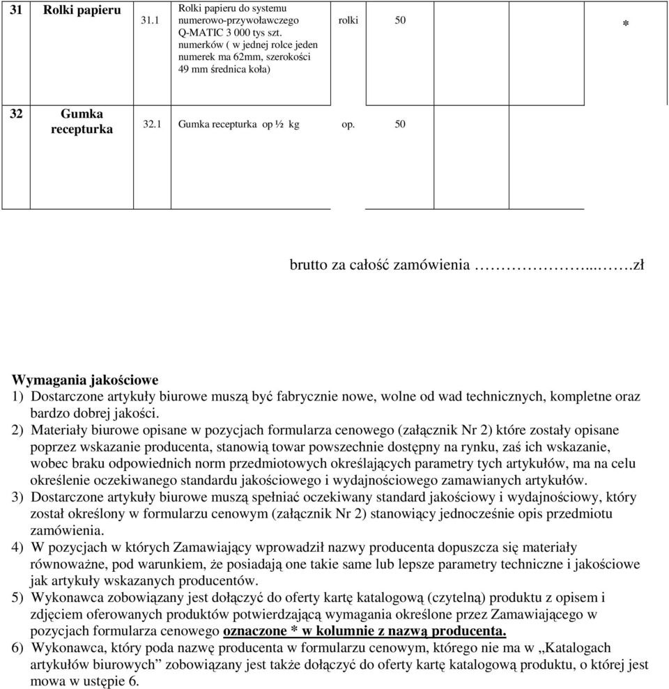 ...zł Wymagania jakościowe 1) Dostarczone artykuły biurowe muszą być fabrycznie nowe, wolne od wad technicznych, kompletne oraz bardzo dobrej jakości.