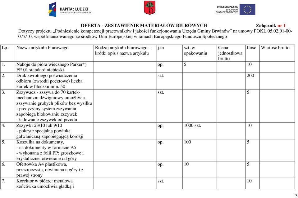 Naboje do pióra wiecznego Parker*) FP-01 standard niebieski 2. Druk zwrotnego poświadczenia odbioru (zwrotki pocztowe) liczba kartek w bloczku min. 50 3.