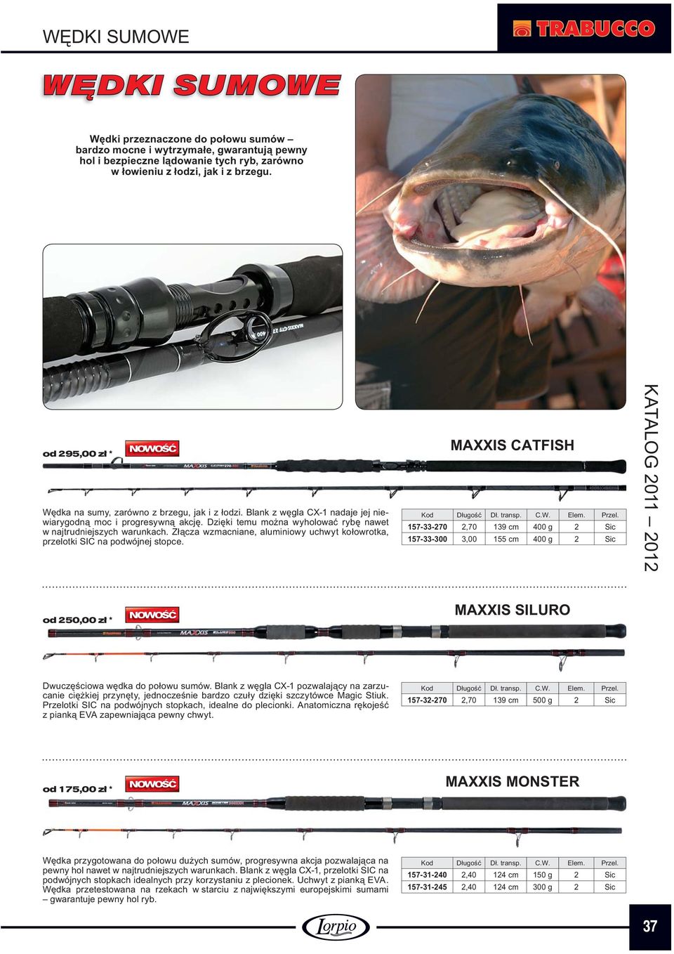 Złącza wzmacniane, aluminiowy uchwyt kołowrotka, przelotki SIC na podwójnej stopce. MAXXIS CATFISH Długość Dł. transp. C.W. Elem. Przel.