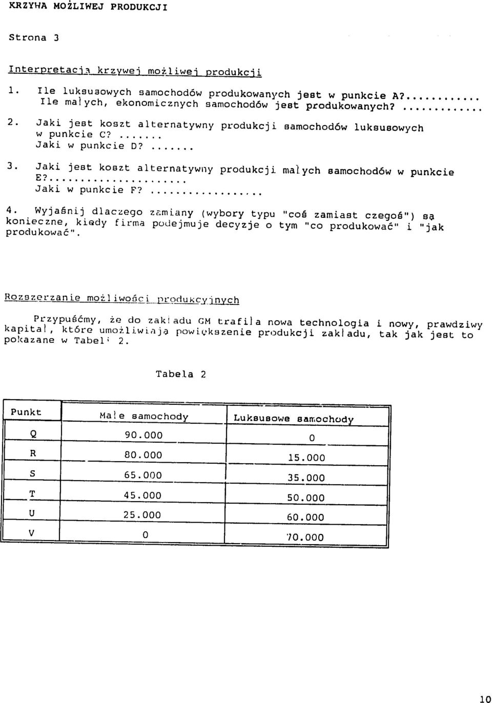 ... 4. Wyja~nij dlaczego zamiany (wybory typu "co6 zamiast czego6") sa konieczne, kiedy firma podejmuje decyzje o tym "co produkowa6" i "jak produkowa6". RozszeQrzanie mo 1iwo6ci.