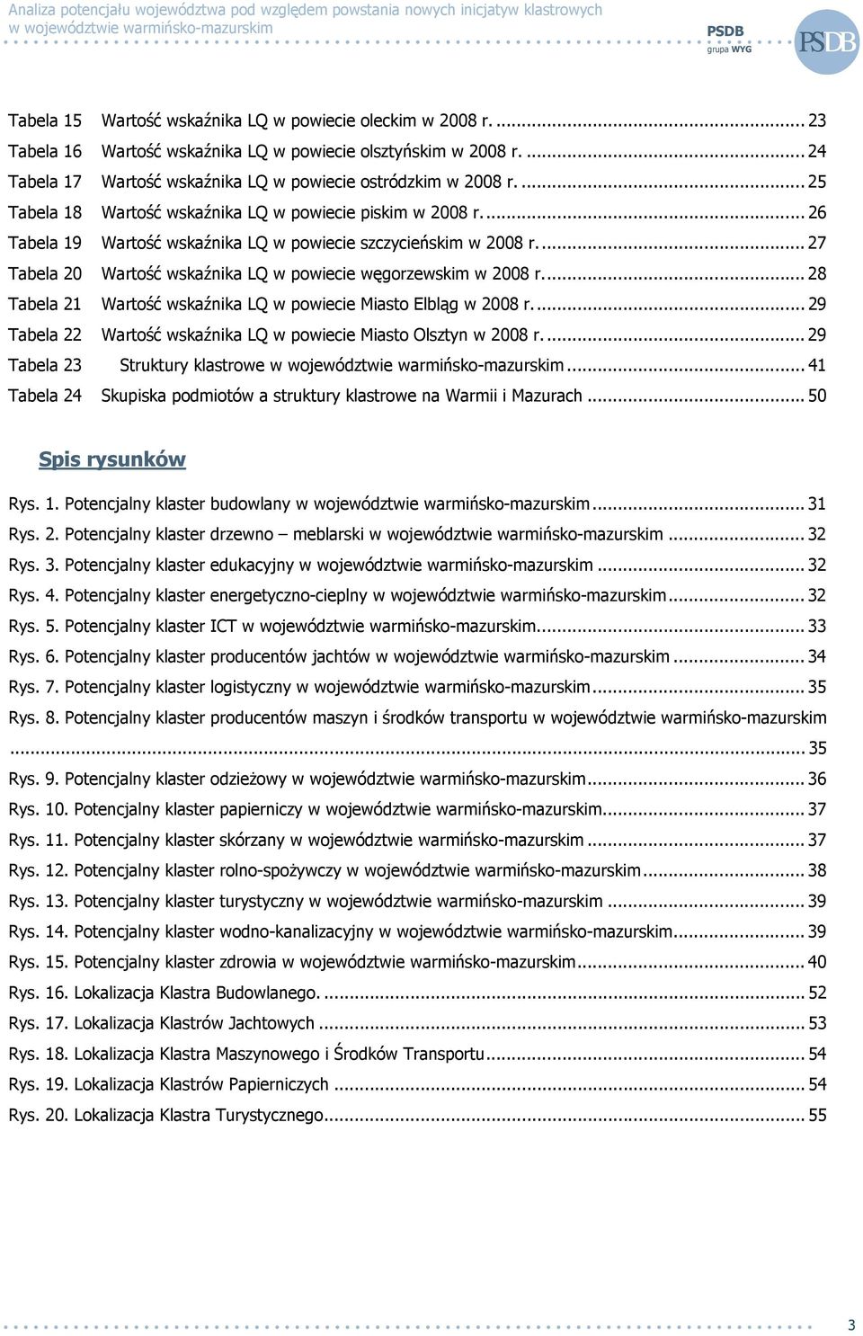 .. 27 Tabela 20 Wartość wskaźnika LQ w powiecie węgorzewskim w 2008 r... 28 Tabela 21 Wartość wskaźnika LQ w powiecie Miasto Elbląg w 2008 r.