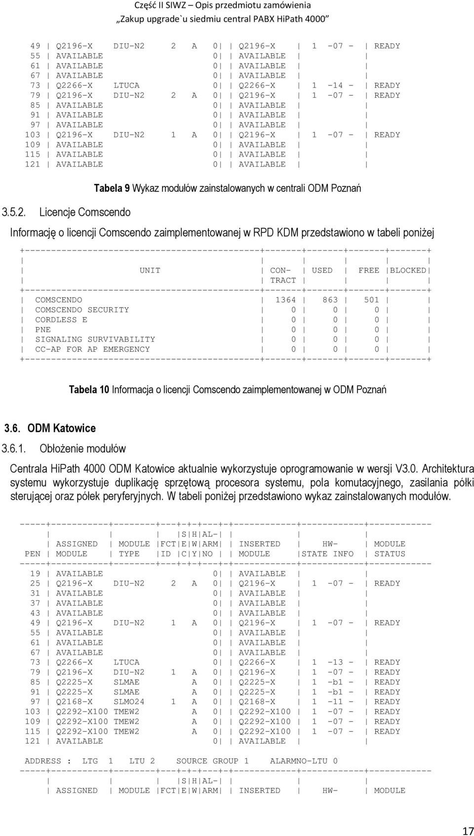 Informację o licencji Comscendo zaimplementowanej w RPD KDM przedstawiono w tabeli poniżej UNIT CON- USED FREE BLOCKED TRACT COMSCENDO 364 863 50 COMSCENDO SECURITY 0 0 0 CORDLESS E 0 0 0 PNE 0 0 0