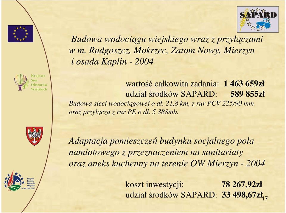 589 855zł Budowa sieci wodociągowej o dł. 21,8 km, z rur PCV 225/90 mm oraz przyłącza z rur PE o dł. 5 388mb.