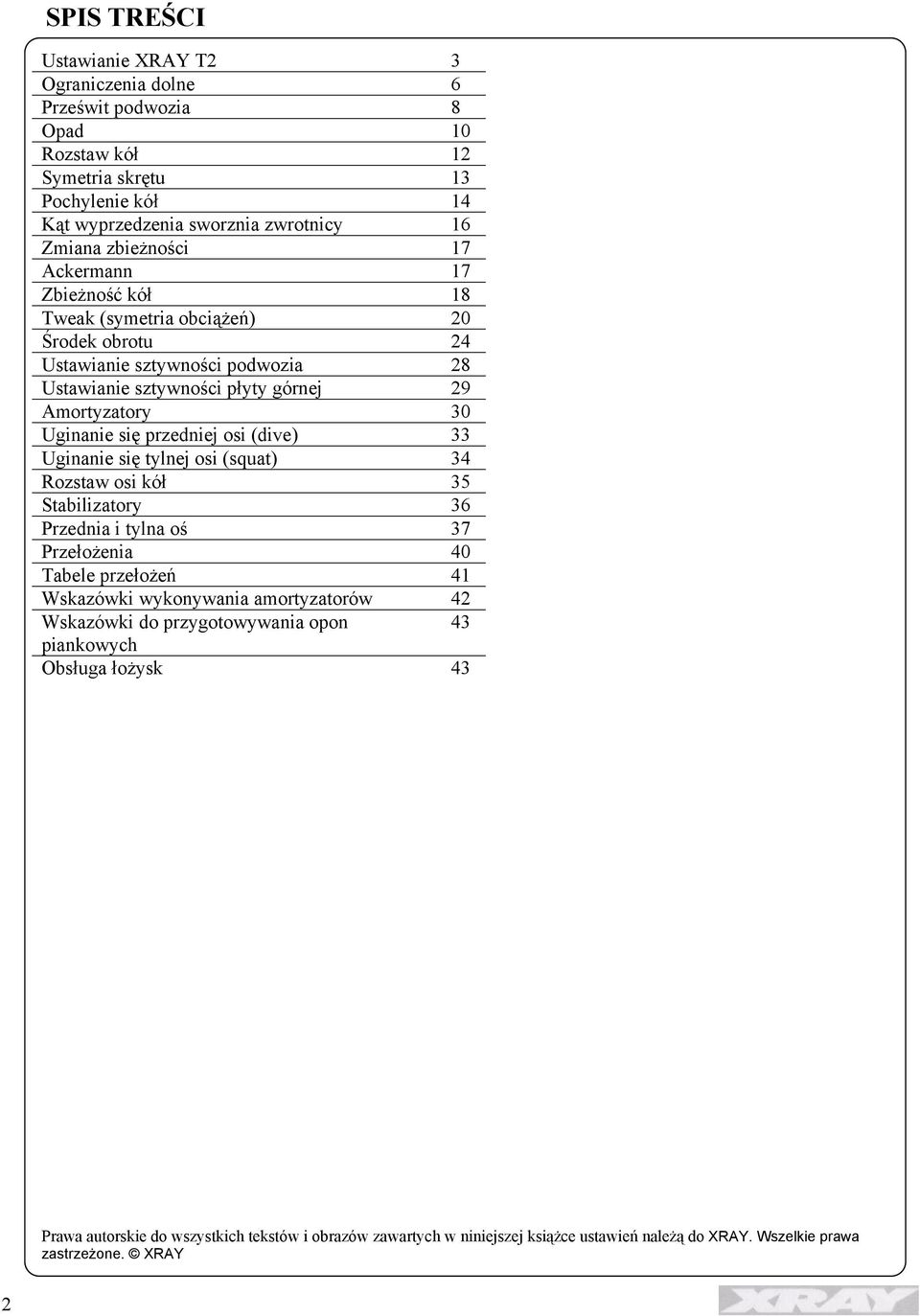 osi (dive) 33 Uginanie się tylnej osi (squat) 34 Rozstaw osi kół 35 Stabilizatory 36 Przednia i tylna oś 37 Przełożenia 40 Tabele przełożeń 41 Wskazówki wykonywania amortyzatorów 42 Wskazówki