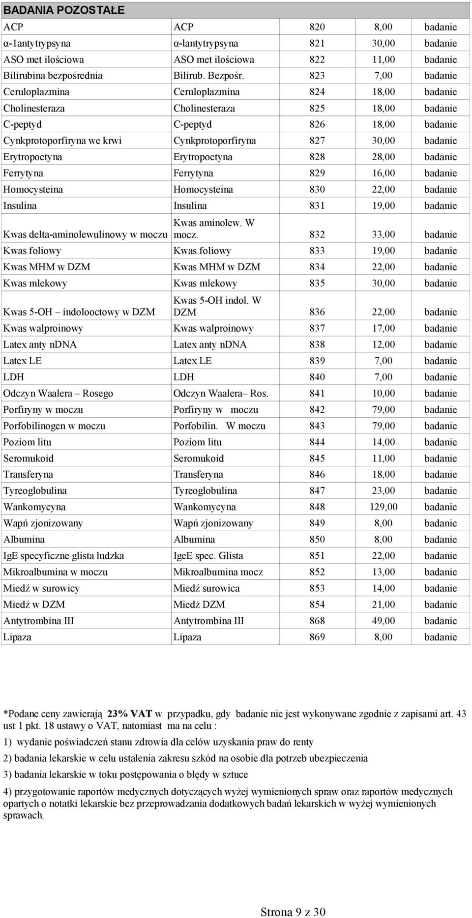 30,00 badanie Erytropoetyna Erytropoetyna 828 28,00 badanie Ferrytyna Ferrytyna 829 16,00 badanie Homocysteina Homocysteina 830 22,00 badanie Insulina Insulina 831 19,00 badanie Kwas aminolew.