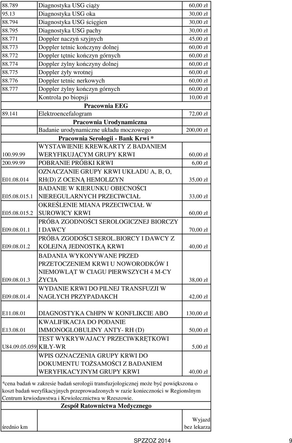 776 Doppler tetnic nerkowych 60,00 zł 88.777 Doppler żylny kończyn górnych 60,00 zł Kontrola po biopsji 10,00 zł Pracownia EEG 89.