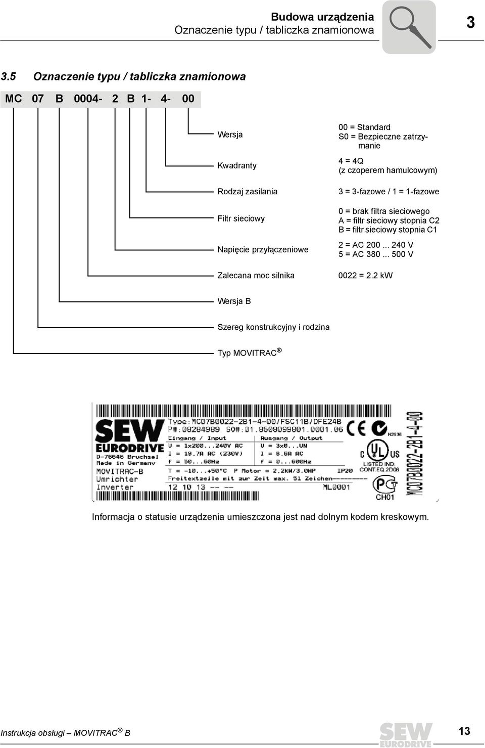 silnika 00 = Standard S0 = Bezpieczne zatrzymanie 4 = 4Q (z czoperem hamulcowym) 3 = 3-fazowe / 1 = 1-fazowe 0 = brak filtra sieciowego A = filtr sieciowy