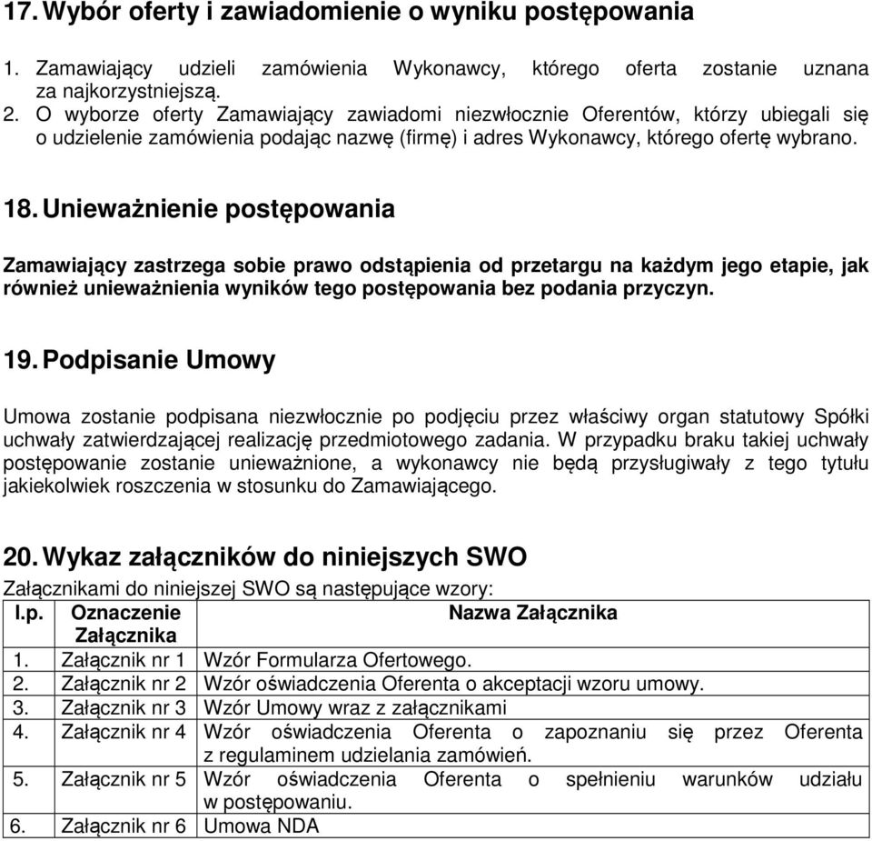 Unieważnienie postępowania Zamawiający zastrzega sobie prawo odstąpienia od przetargu na każdym jego etapie, jak również unieważnienia wyników tego postępowania bez podania przyczyn. 19.