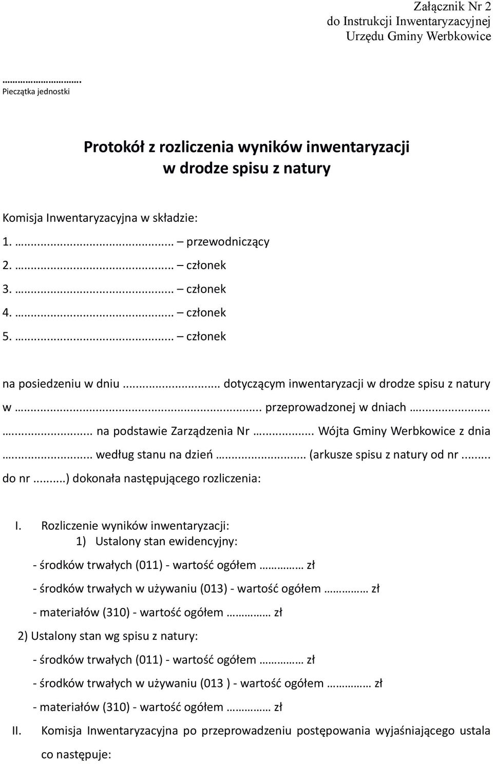 ... członek na posiedzeniu w dniu... dotyczącym inwentaryzacji w drodze spisu z natury w... przeprowadzonej w dniach...... na podstawie Zarządzenia Nr... Wójta Gminy Werbkowice z dnia.