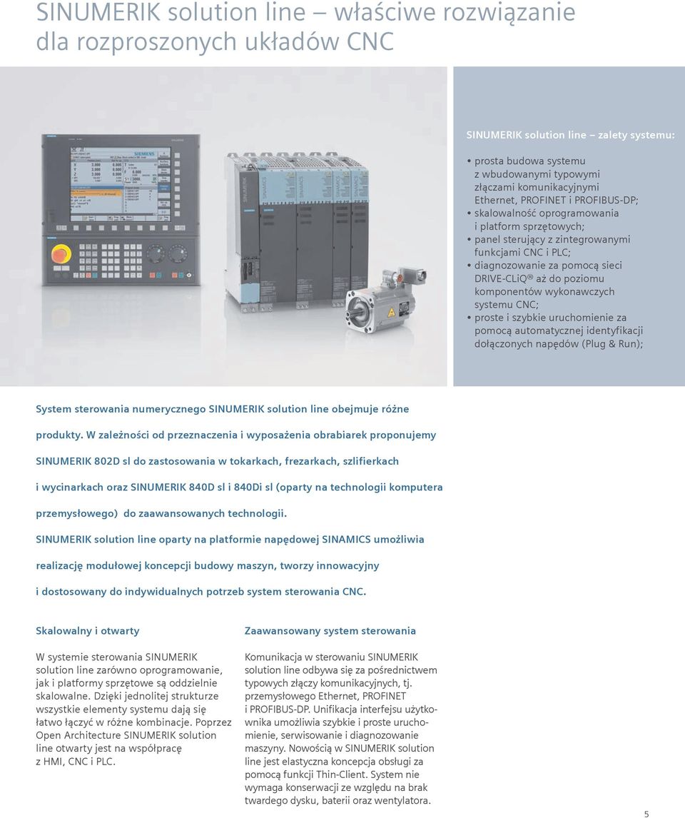 wykonawczych systemu CNC; proste i szybkie uruchomienie za pomocą automatycznej identyfikacji dołączonych napędów (Plug & Run); System sterowania numerycznego SINUMERIK solution line obejmuje różne