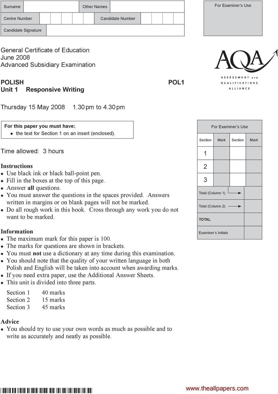 ! Fill in the boxes at the top of this page.! Answer all questions.! You must answer the questions in the spaces provided. Answers written in margins or on blank pages will not be marked.