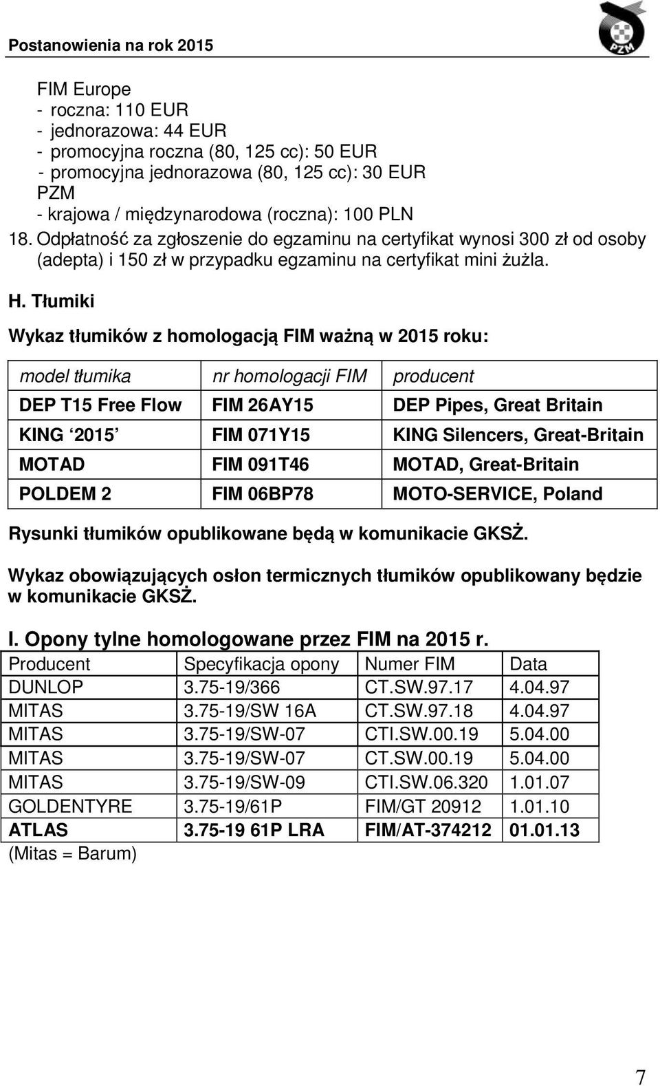 Tłumiki Wykaz tłumików z homologacją FIM ważną w 2015 roku: model tłumika nr homologacji FIM producent DEP T15 Free Flow FIM 26AY15 DEP Pipes, Great Britain KING 2015 FIM 071Y15 KING Silencers,