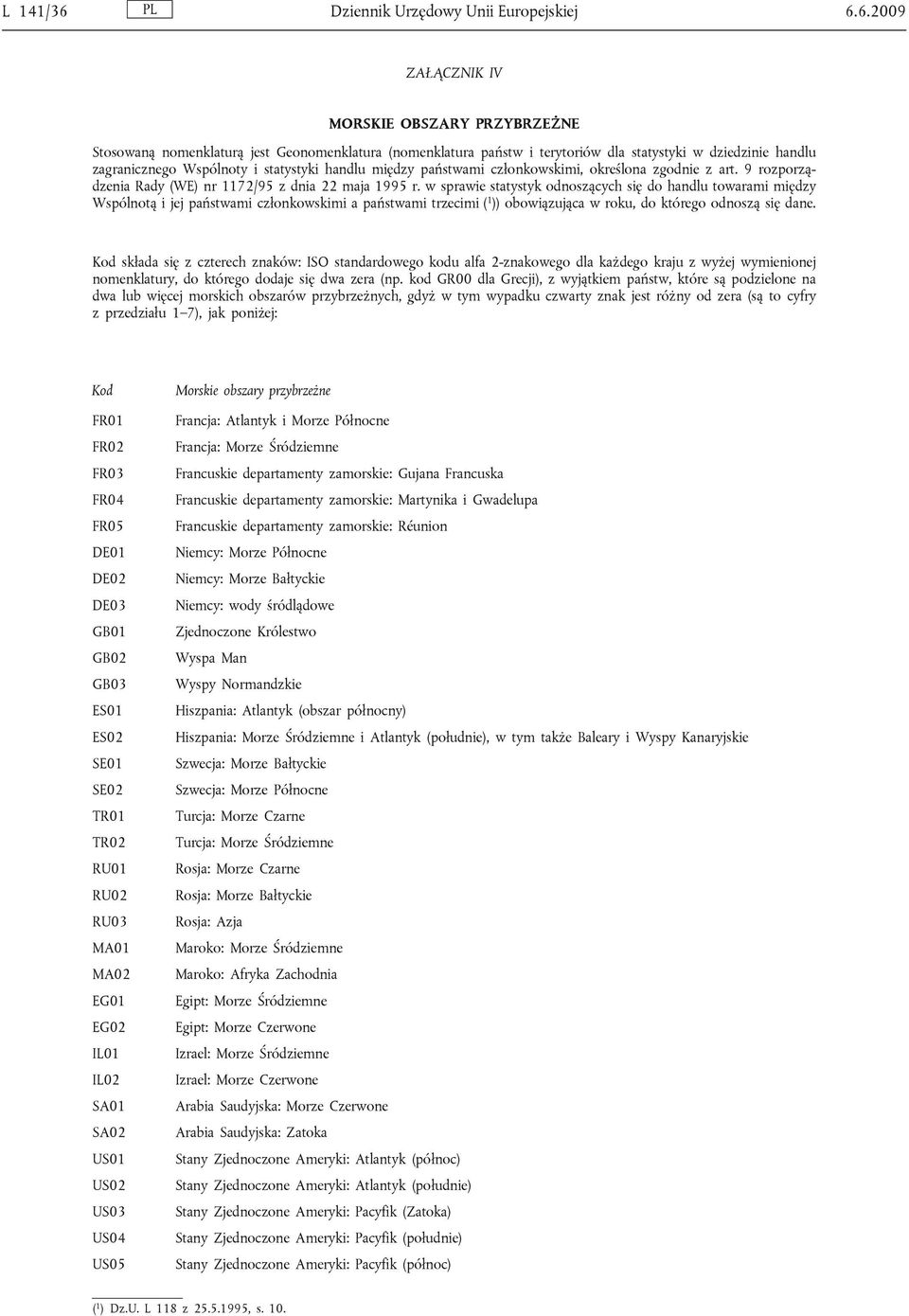 6.2009 ZAŁĄCZNIK IV MORSKIE OBSZARY PRZYBRZEŻNE Stosowaną nomenklaturą jest Geonomenklatura (nomenklatura państw i terytoriów dla statystyki w dziedzinie handlu zagranicznego Wspólnoty i statystyki