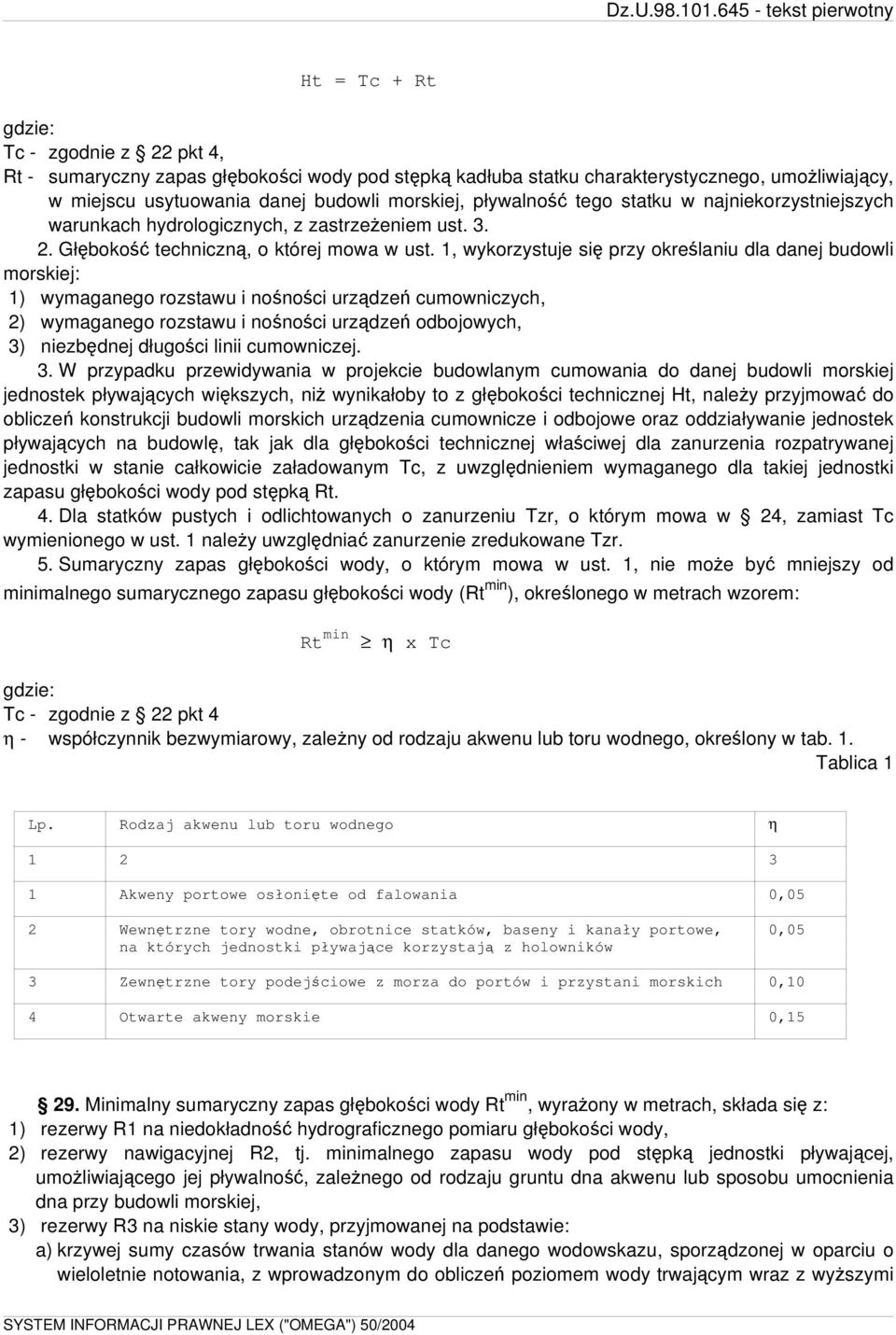 1, wykorzystuje się przy określaniu dla danej budowli morskiej: 1) wymaganego rozstawu i nośności urządzeń cumowniczych, 2) wymaganego rozstawu i nośności urządzeń odbojowych, 3) niezbędnej długości