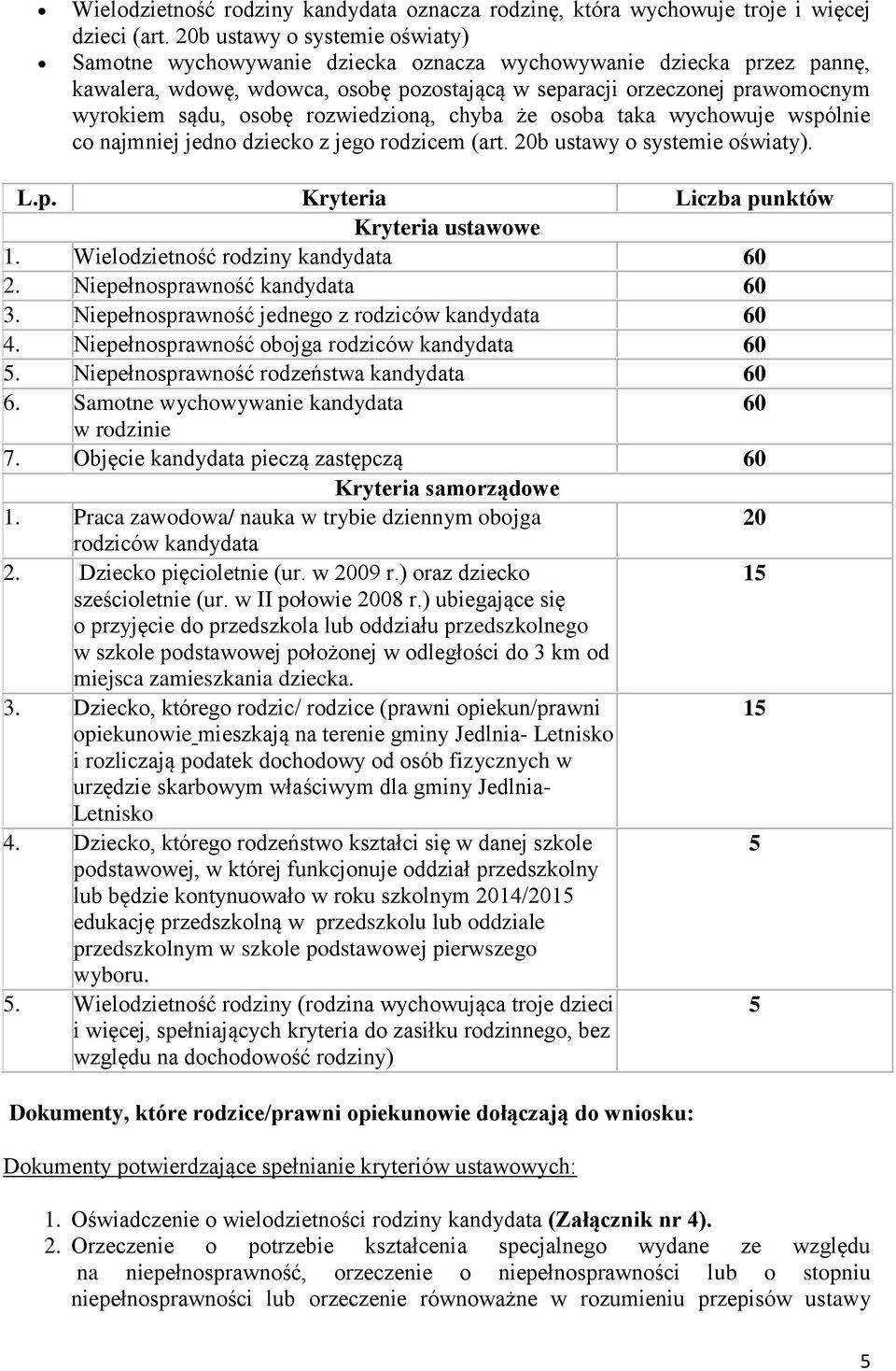 że sba taka wychwuje wspólnie c najmniej jedn dzieck z jeg rdzicem (art. 20b ustawy systemie światy). L.p. Kryteria Liczba punktów Kryteria ustawwe 1. Wieldzietnść rdziny kandydata 60 2.