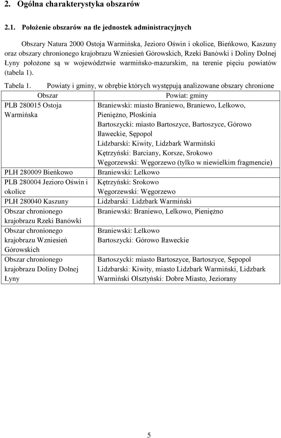 Banówki i Doliny Dolnej Łyny położone są w województwie warmińsko-mazurskim, na terenie pięciu powiatów (tabela 1). Tabela 1.