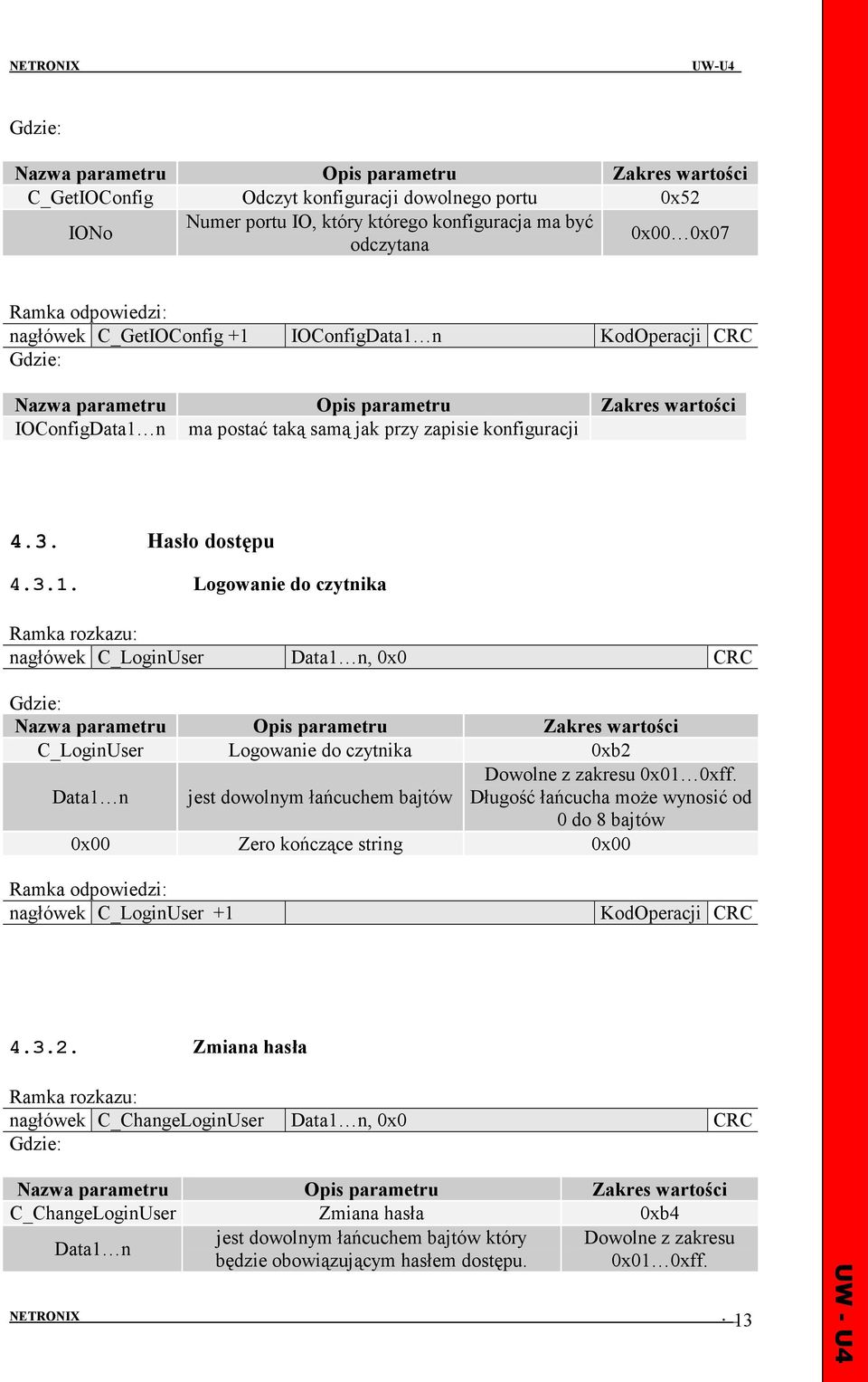 Logowanie do czytnika nagłówek C_LoginUser Data1 n, 0x0 CRC C_LoginUser Logowanie do czytnika 0xb2 Data1 n jest dowolnym łańcuchem bajtów Dowolne z zakresu 0x01 0xff.