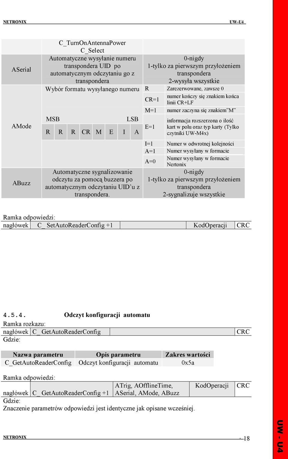 0-nigdy 1-tylko za pierwszym przyłoŝeniem transpondera 2-wysyła wszystkie R Zarezerwowane, zawsze 0 CR=1 numer kończy się znakiem końca linii CR+LF M=1 numer zaczyna się znakiem M E=1 informacja