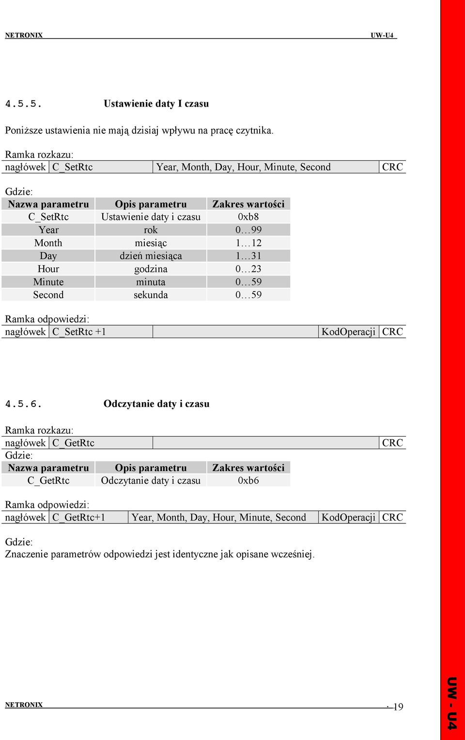 dzień miesiąca 1 31 Hour godzina 0 23 Minute minuta 0 59 Second sekunda 0 59 nagłówek C_SetRtc +1 4.5.6.