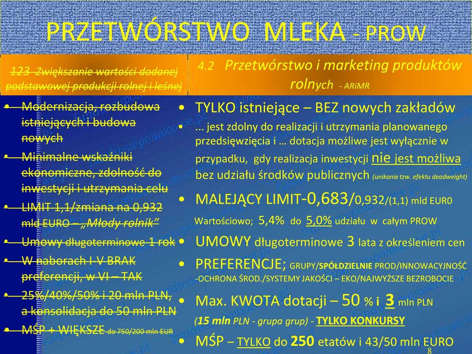 PLN MŚP + WIĘKSZE-do 750/200 mln EUR 4.2 Przetwórstwo i marketing produktów rolnych - ARiMR TYLKO istniejące BEZ nowych zakładów.