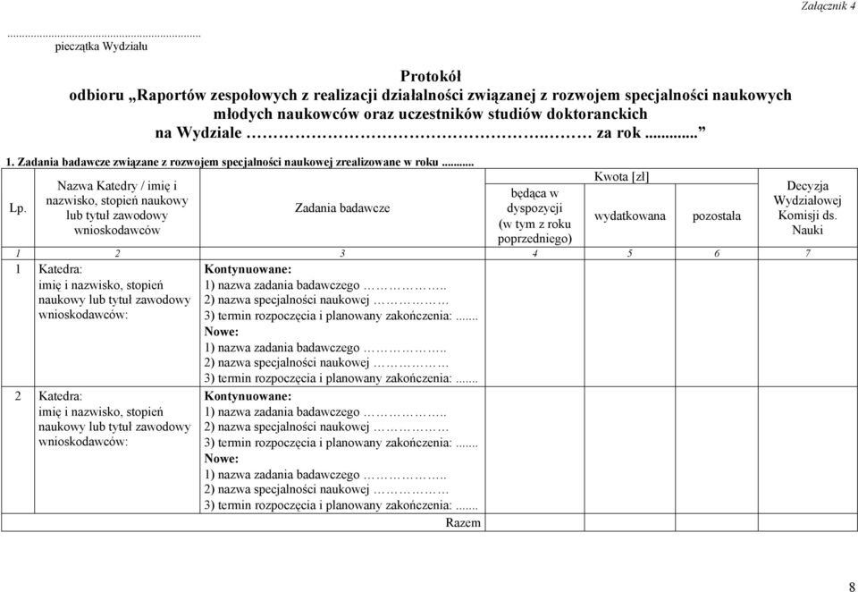 za rok.... Zadania badawcze związane z rozwojem specjalności naukowej zrealizowane w roku.