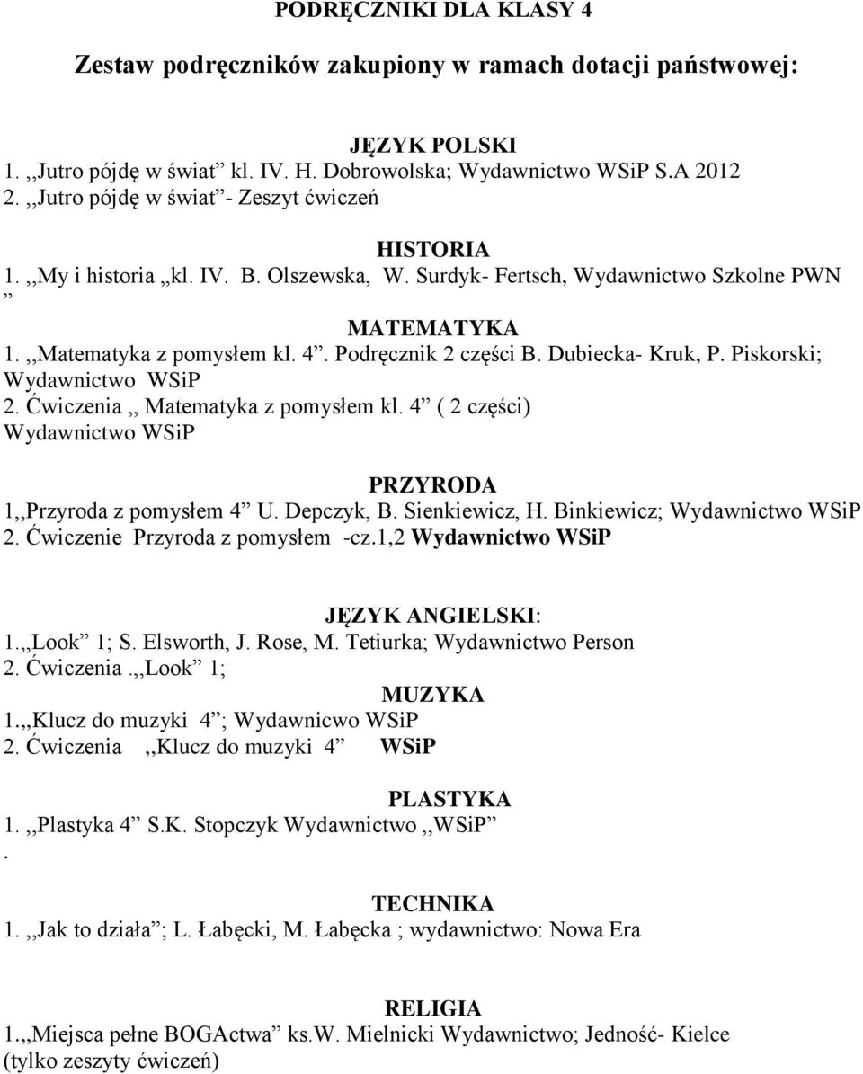 Ćwiczenia,, Matematyka z pomysłem kl. 4 ( 2 części) Wydawnictwo WSiP 1,,Przyroda z pomysłem 4 U. Depczyk, B. Sienkiewicz, H. Binkiewicz; Wydawnictwo WSiP 2. Ćwiczenie Przyroda z pomysłem -cz.