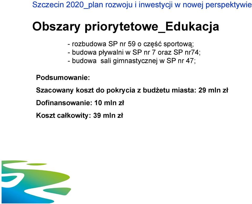 pływalni w SP nr 7 oraz SP nr74; - budowa sali gimnastycznej w SP nr 47; Szacowany