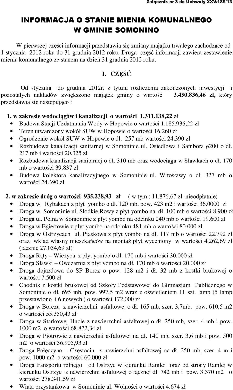 z tytułu rozliczenia zakończonych inwestycji i pozostałych nakładów zwiększono majątek gminy o wartość 3.450.836,46 zł, który przedstawia się następująco : 1.