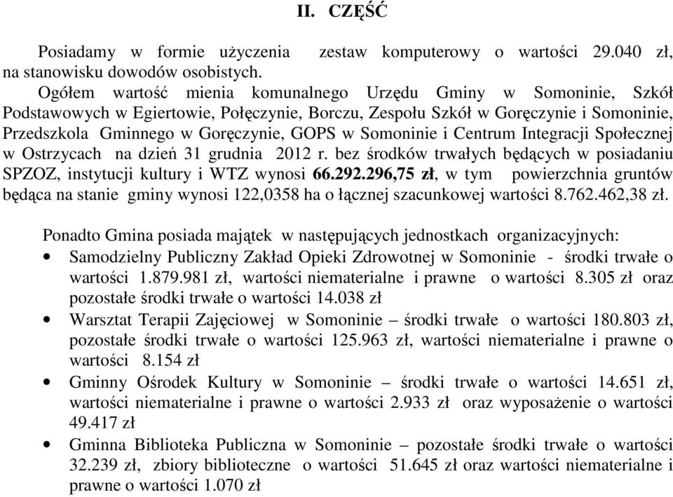 Somoninie i Centrum Integracji Społecznej w Ostrzycach na dzień 31 grudnia 2012 r. bez środków trwałych będących w posiadaniu SPZOZ, instytucji kultury i WTZ wynosi 66.292.